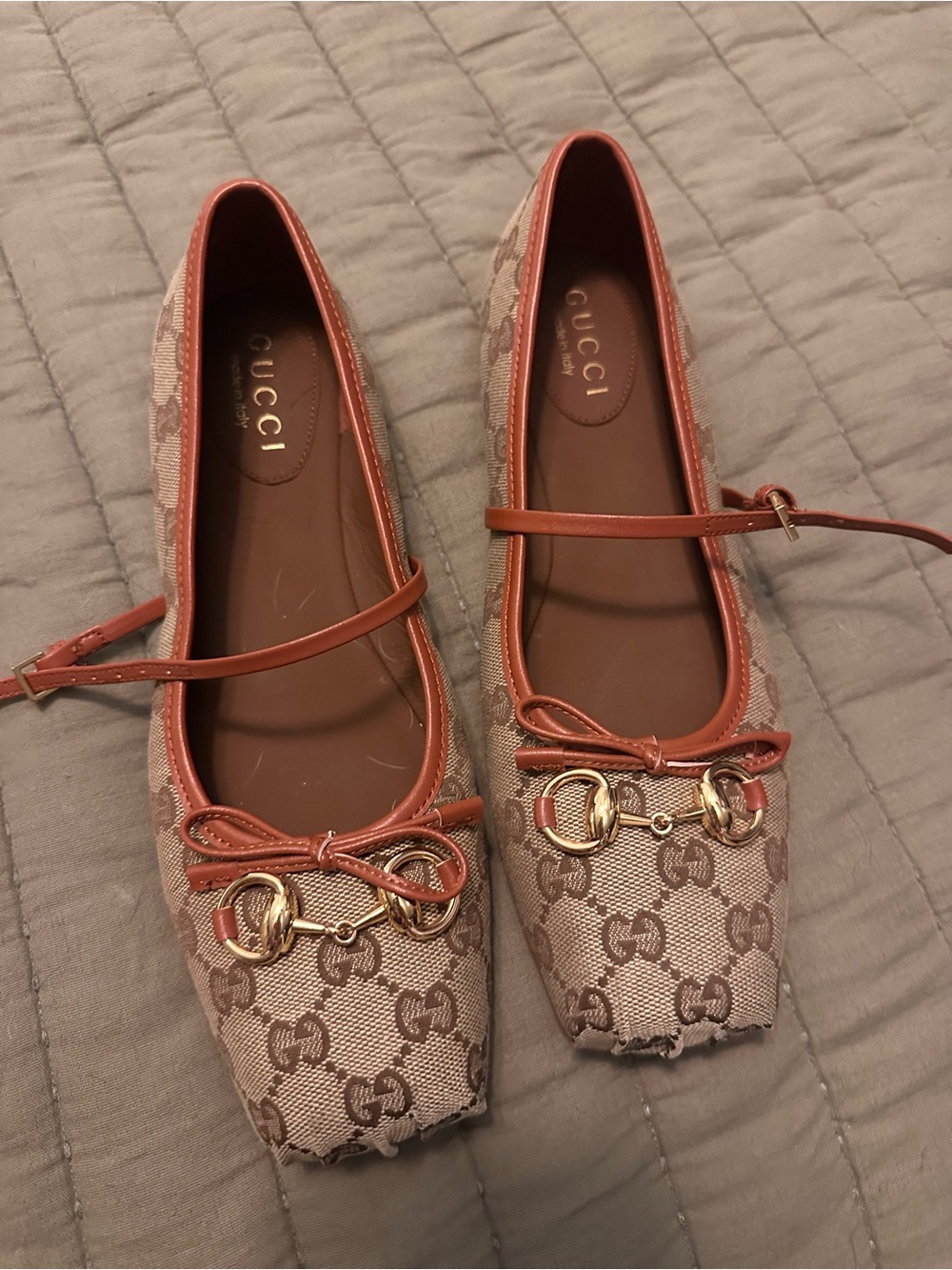 Beige Brown Canvas Logo Ballet Flats with Tan Trim